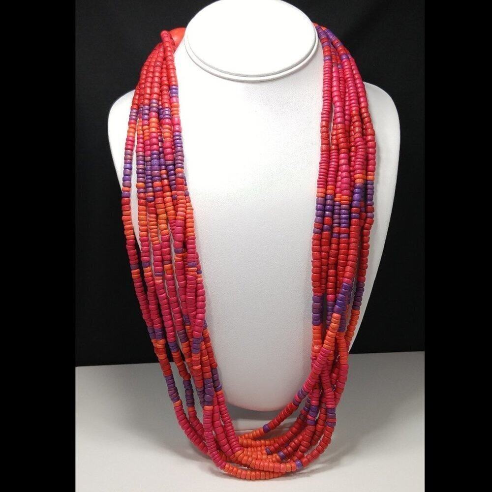 Wooden Bead Multi Strand Necklace, Pink Purple Orange, No Clasp, Vintage Jewelry